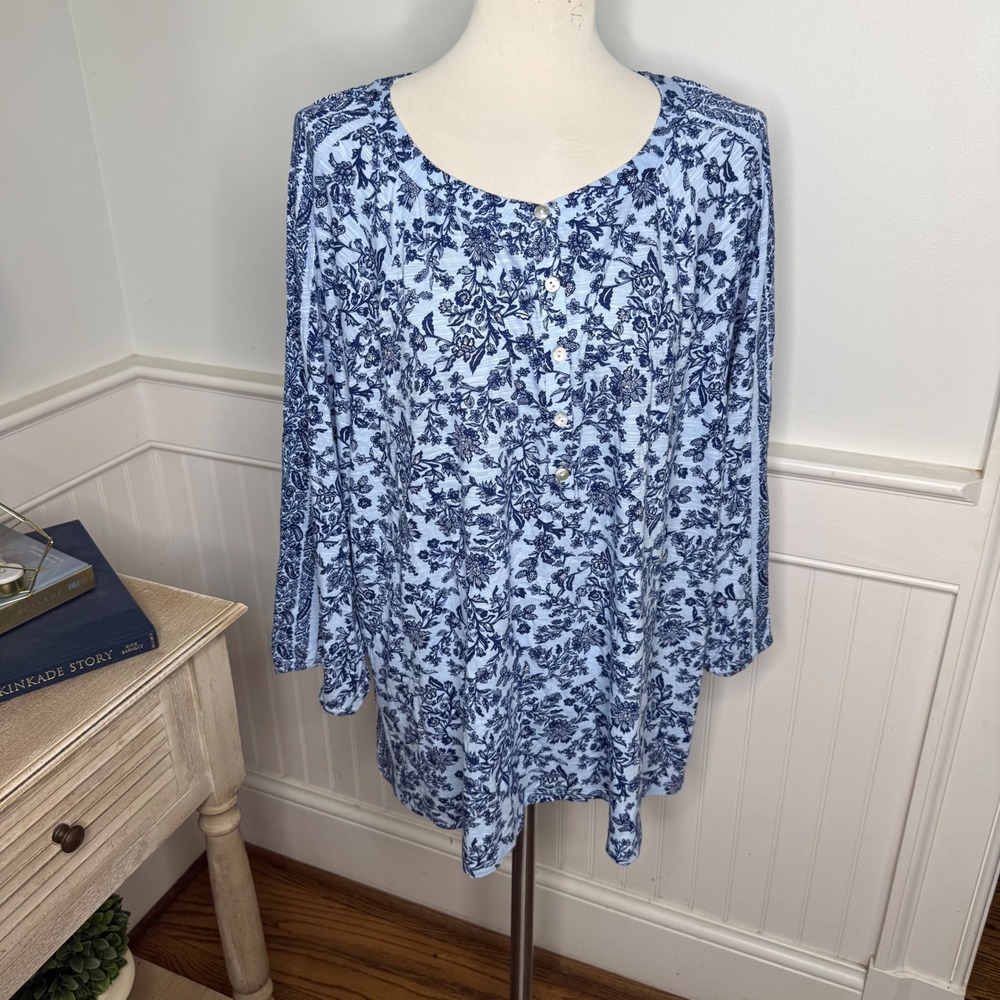 J. Jill Women 3X Blue Floral Cotton Tencel Modal Henley Tunic Top NWT